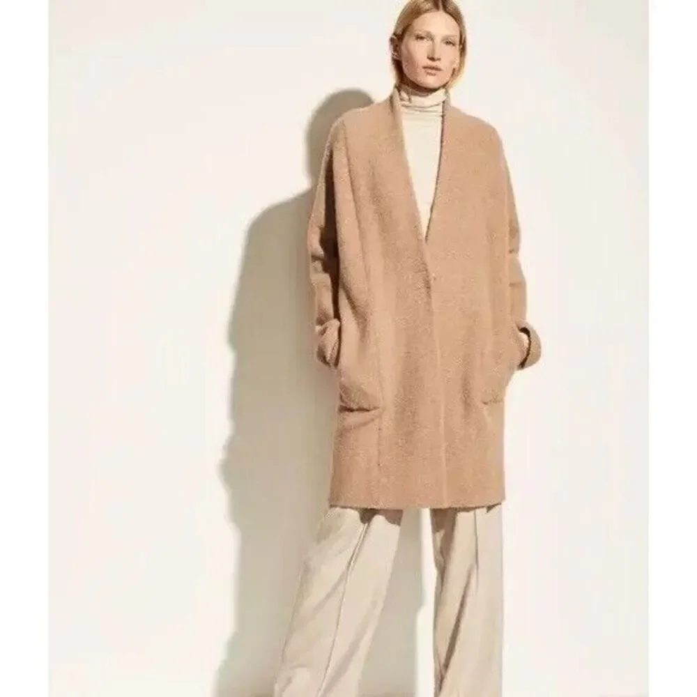 Vince Collarless Cardigan Coat Italian Wool Alpaca Bouclé Knit Camel XL NWT